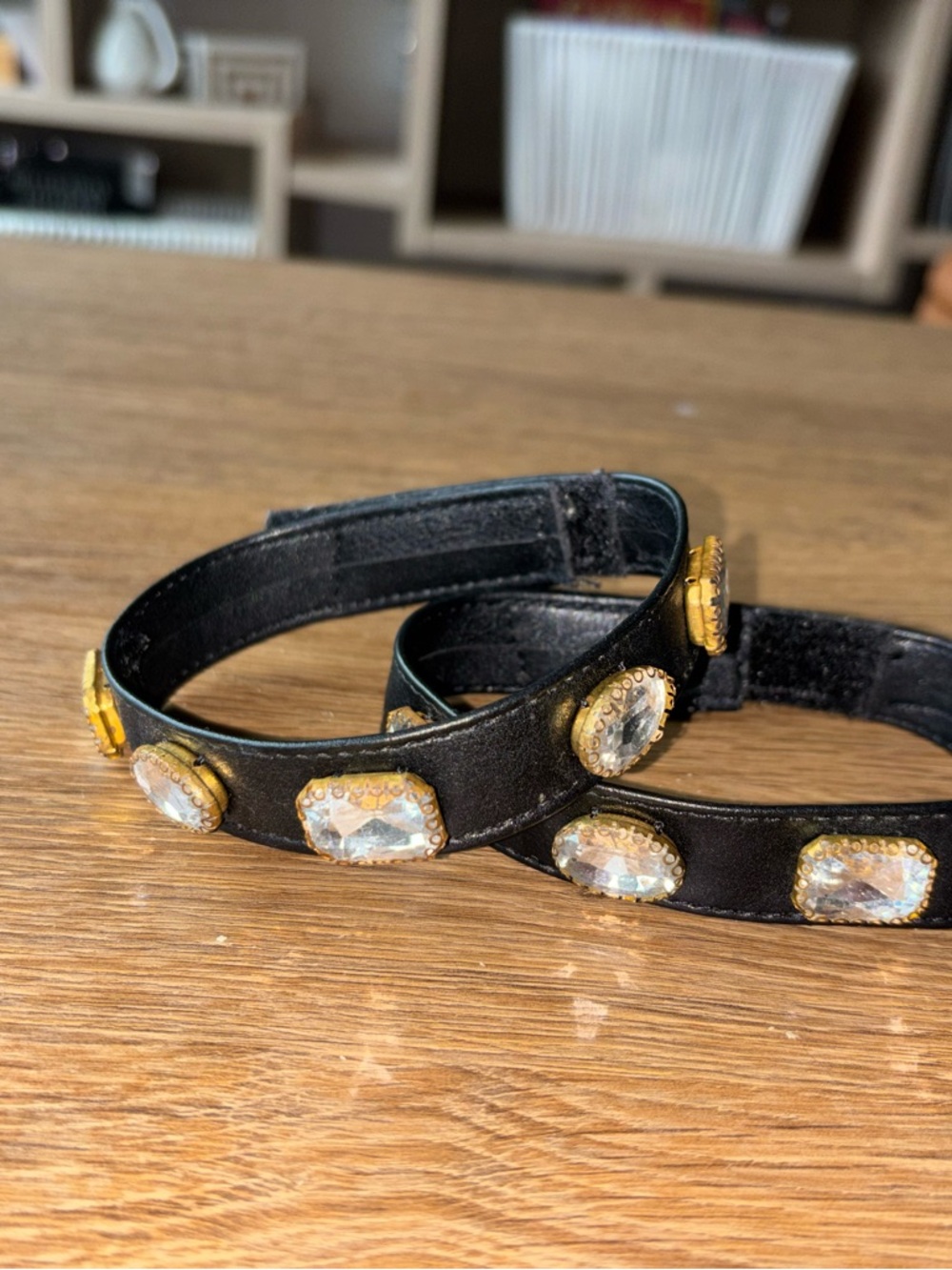 Black Crystal-Embellished Leather Accent Boot Straps